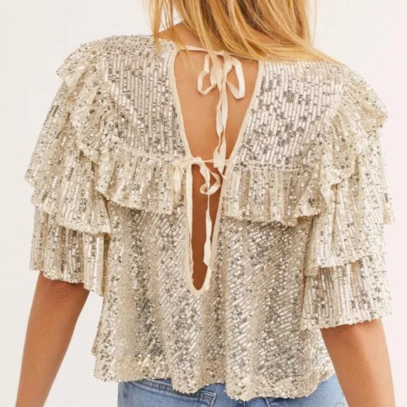 🥳HP New Free People Dance Floor XS Silver Allover Sequin Ruffled Boho Pullover - Picture 5 of 8